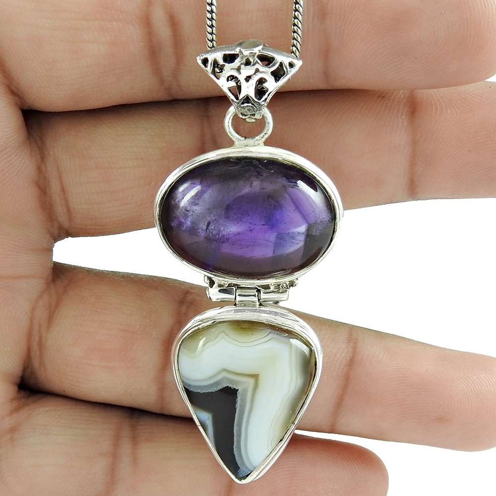 Natural Amethyst Gemstone Pendant Boho 925 Sterling Silver Indian Jewelry Q2