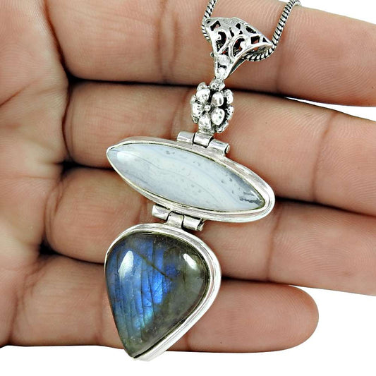 Natural Labradorite Gemstone Pendant Boho Blue 925 Sterling Silver Jewelry Z8