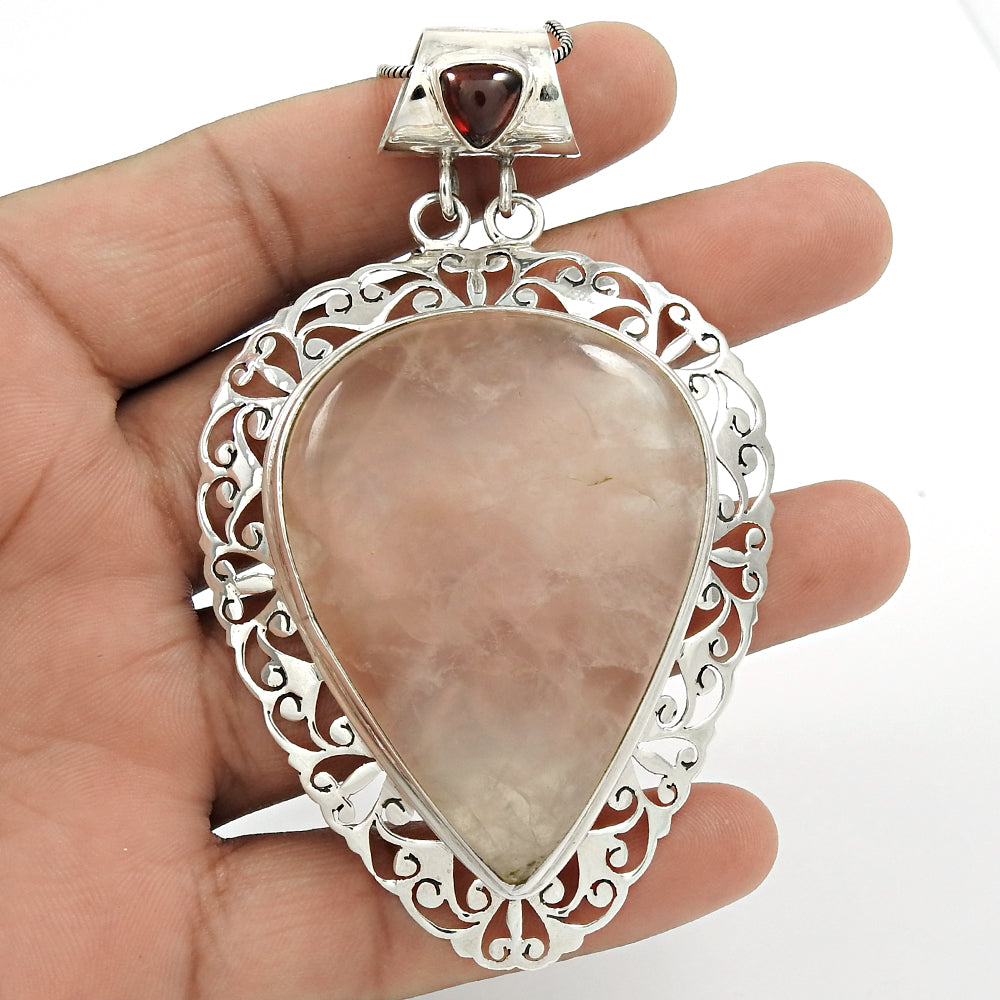 Christmas Gift 925 Sterling Silver Natural Rose Quartz Gemstone Pendant Boho F4