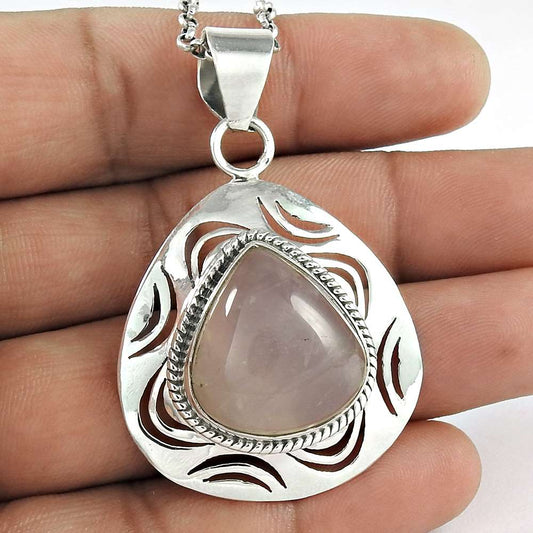 Natural Rose Quartz Gemstone Pendant Boho 925 Sterling Silver Indian Jewelry J12
