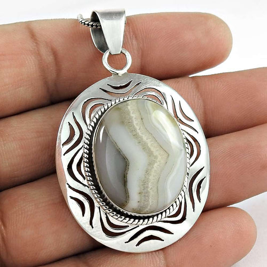 Gift For Women Pendant Boho 925 Silver Natural Botswana Agate Gemstone Z9