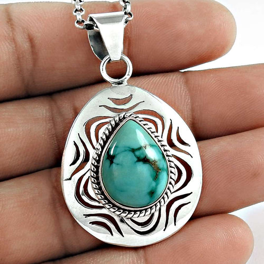 Wedding Gift For Her 925 Silver Natural Turquoise Gemstone Pendant Vintage F54