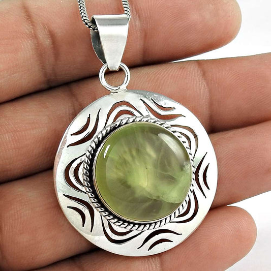 Natural Prehnite Gemstone Pendant Boho 925 Sterling Silver Jewelry For Women X11