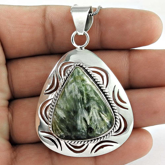 Anniversary Gift For Her Natural Seraphinite Pendant Bohemian 925 Silver A90