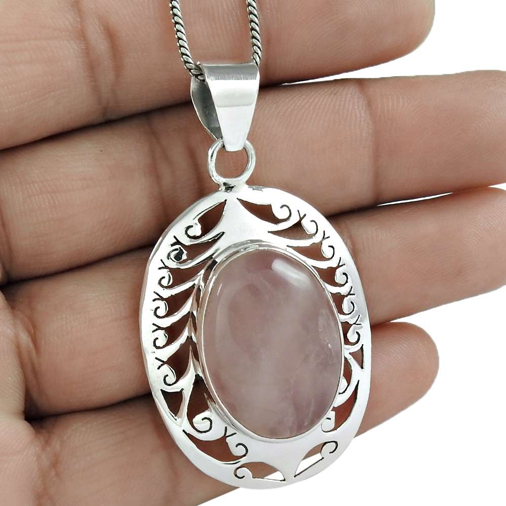 Gift For Women Pendant Bohemian 925 Silver Natural Rose Quartz Gemstone Y11