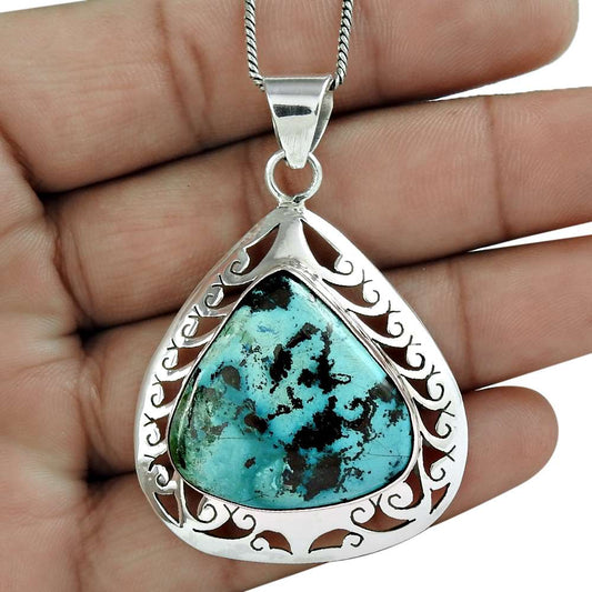 Birthday Gift For Her Natural Azurite Gemstone Pendant Bohemian 925 Silver B14