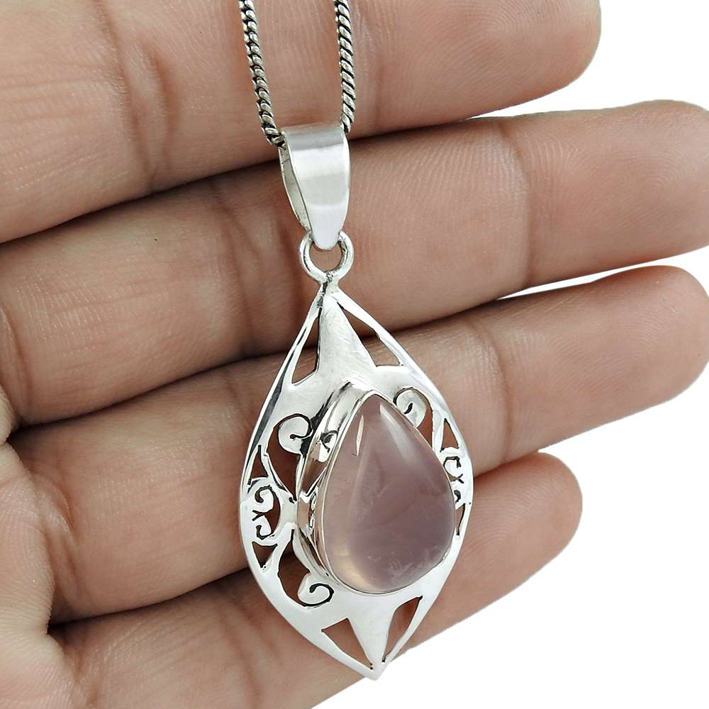 Natural Rose Quartz Gemstone 925 Sterling Silver Pendant Boho For Girls K12