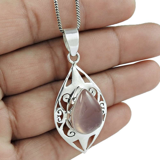 Natural Rose Quartz Gemstone 925 Sterling Silver Pendant Boho For Girls K12