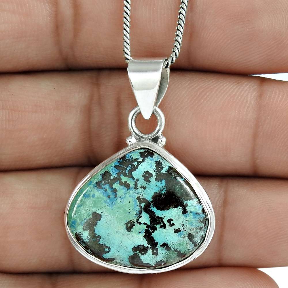Natural Azurite Gemstone Pendant Ethnic 925 Sterling Silver For Women E10