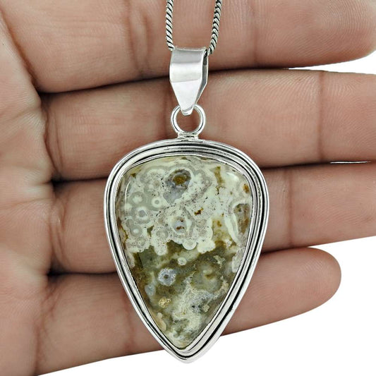 Natural Ocean Jasper Gemstone Pendant Bohemian 925 Sterling Silver Jewelry A70
