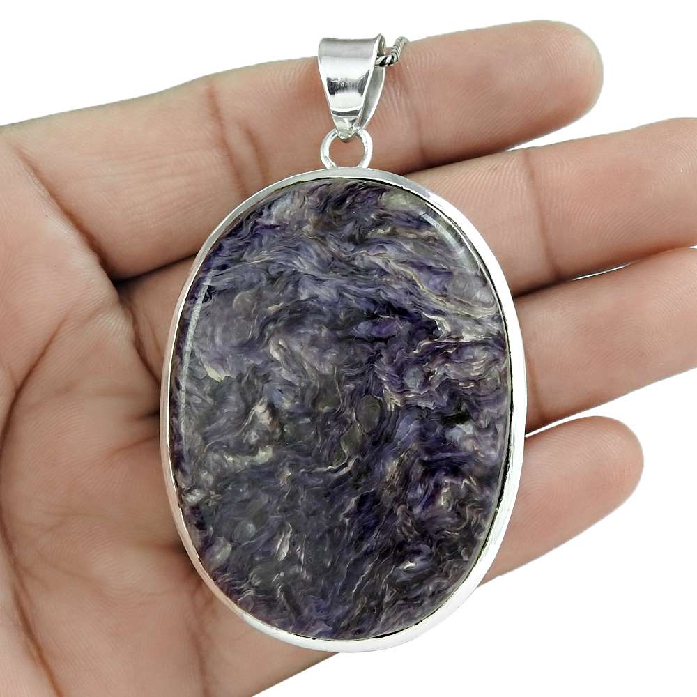 Natural Charoite Gemstone 925 Sterling Silver Pendant Tribal For Women J54