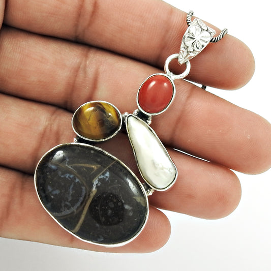 Natural Jasper Gemstone Christmas Gift Pendant Bohemian 925 Sterling Silver J6