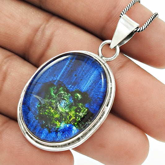Natural Dico Glass Gemstone 925 Sterling Silver Christmas Gift Pendant Boho Q2