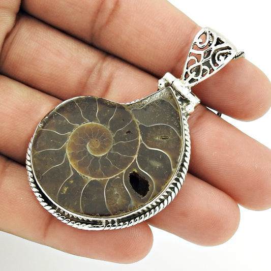 Natural Ammonite Gemstone 925 Sterling Silver Christmas Gift Pendant U6