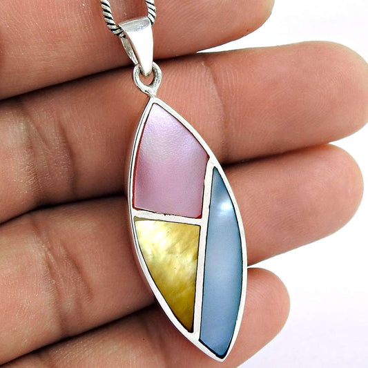 Natural Colour Shell Gemstone Pendant Boho 925 Sterling Silver For Girls R15