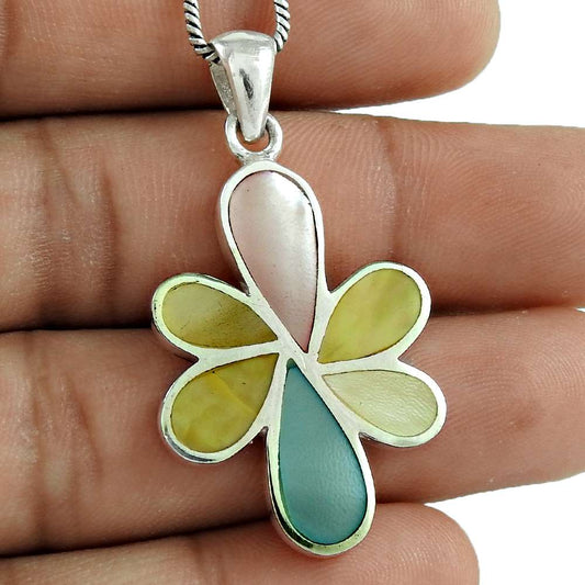 Natural Shell Gemstone 925 Sterling Silver Pendant Bohemian For Girls V12