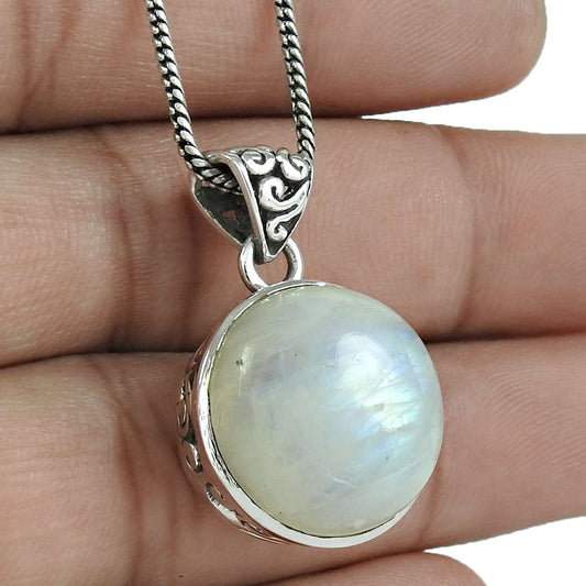 Natural Rainbow Moonstone 925 Silver Pendant Boho For Girls A94