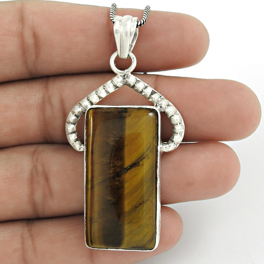 Natural Tiger'S Eye Gemstone Christmas Gift Pendant 925 Sterling Silver C7