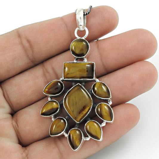 Christmas Gift Pendant Vintage 925 Silver Natural Tiger'S Eye Gemstone D5