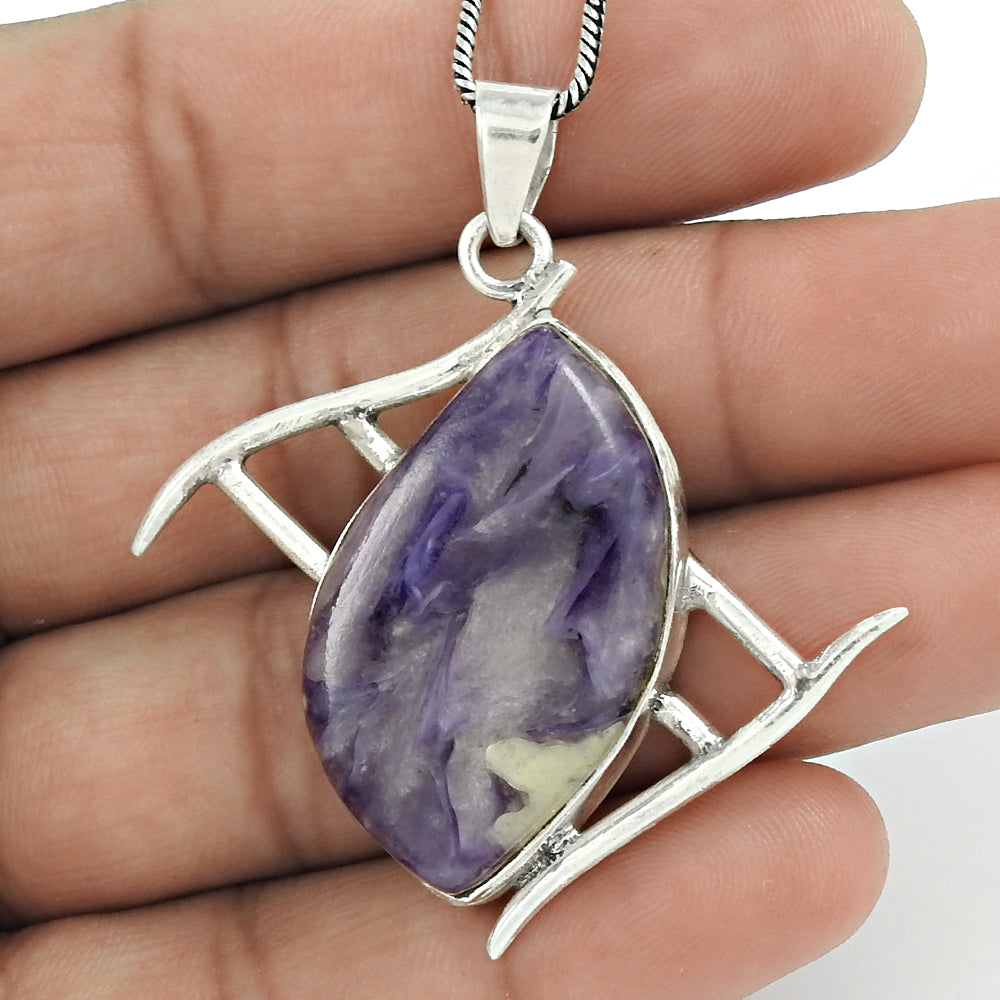 Christmas Gift 925 Sterling Silver Natural Charoite Gemstone Pendant Vintage I9