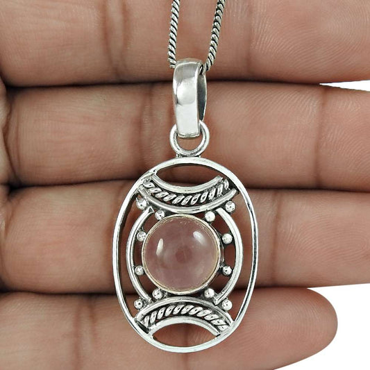 Natural Rose Quartz Gemstone Pendant 925 Sterling Silver Jewelry For Girls K11