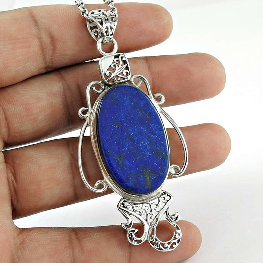 Natural Lapis Lazuli Gemstone Pendant Boho Blue 925 Sterling Silver Jewelry C18