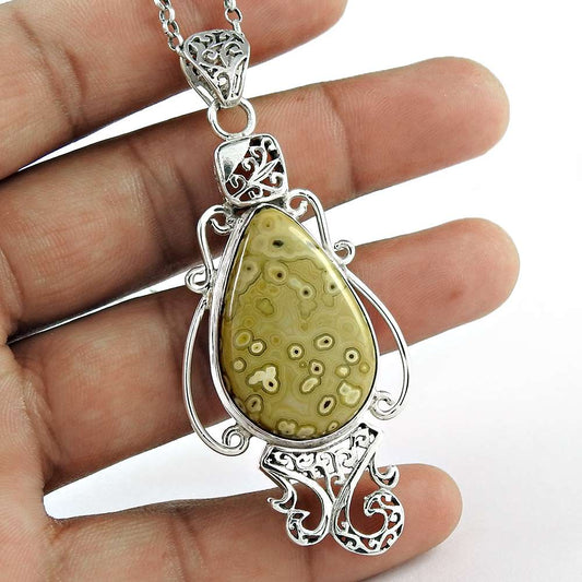Natural Ocean Jasper Gemstone Pendant Tribal 925 Sterling Silver Jewelry U11