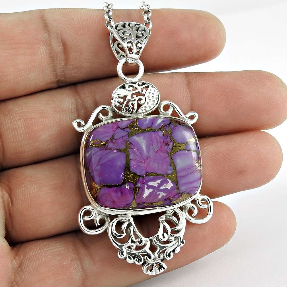 Natural Purple Copper Turquoise Gemstone 925 Silver Pendant Boho For Women V55