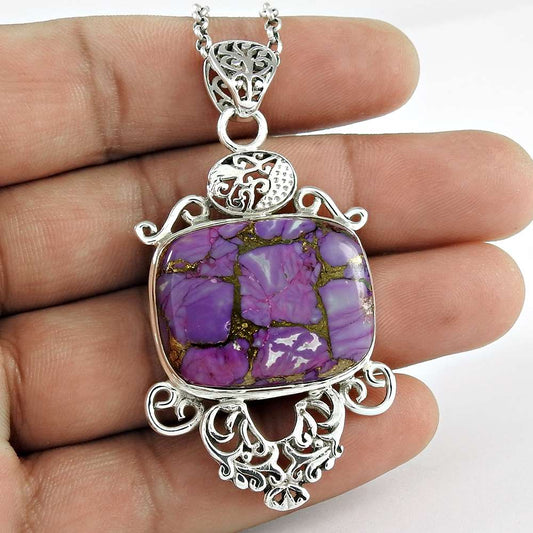 Natural Purple Copper Turquoise Gemstone 925 Silver Pendant Boho For Women V55