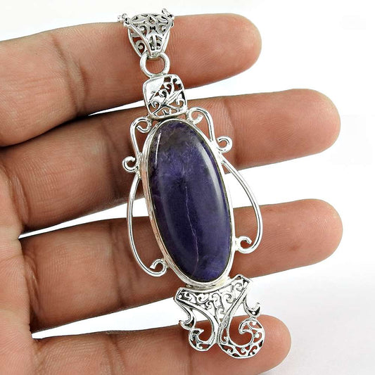 Natural Charoite Gemstone 925 Sterling Silver Pendant Tribal For Women V11