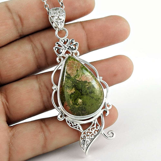 Natural Unakite Gemstone Pendant Bohemian 925 Sterling Silver Indian Jewelry X6