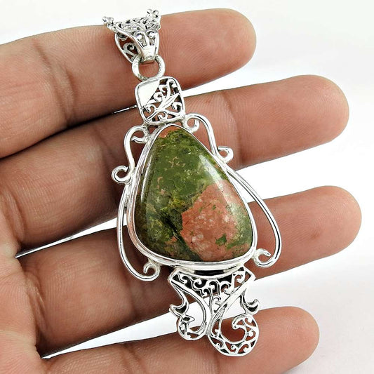 Natural Unakite Gemstone Pendant Vintage 925 Sterling Silver Indian Jewelry W11