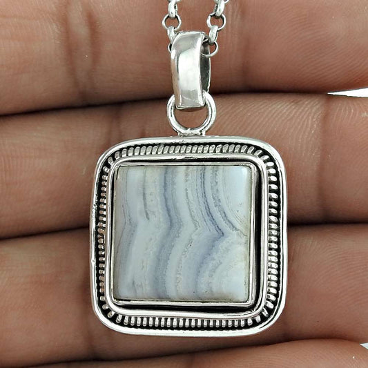 Birthday Gift For Her Natural Blue Lace Agate Pendant Ethnic 925 Silver X11