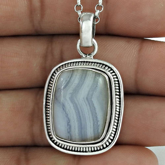 Natural Blue Lace Agate Gemstone 925 Silver Pendant Vintage For Girls Y11