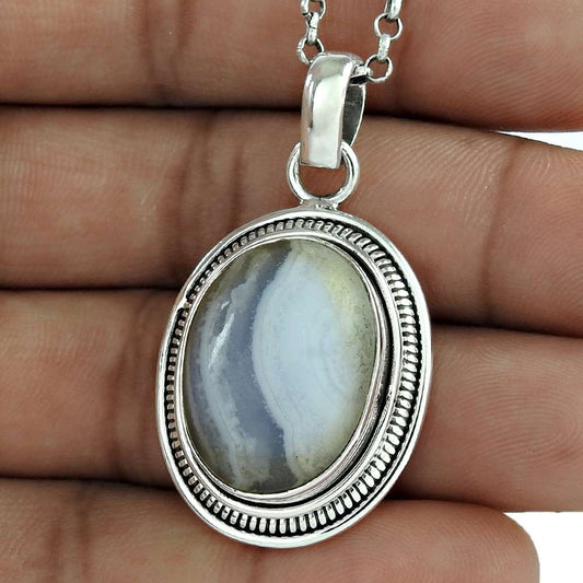 Gift For Women Pendant Tribal 925 Silver Natural Blue Lace Agate Gemstone B40
