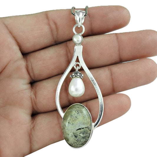 Natural Jasper Gemstone Pendant Boho Gray 925 Sterling Silver Indian Jewelry B85
