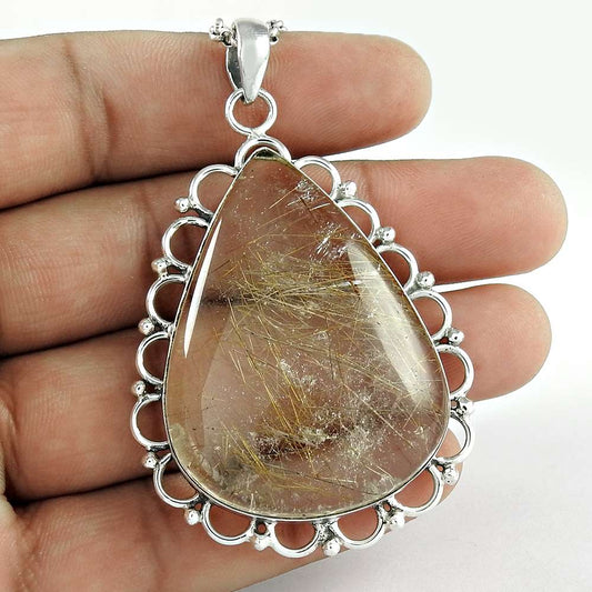 Birthday Gift For Her Natural Golden Rutile Pendant Vintage 925 Silver F17