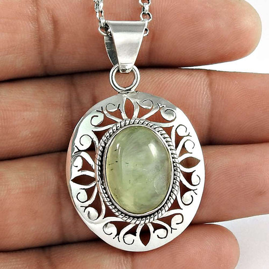 Natural Prehnite Gemstone Pendant 925 Sterling Silver Indian Jewelry L10