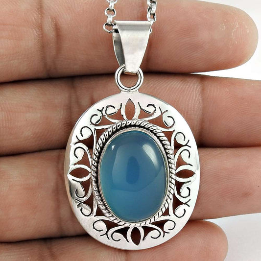 Anniversary Gift For Her Natural Chalcedony Pendant Tribal 925 Silver H17