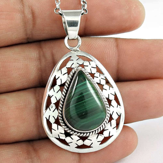 Natural Malachite Gemstone Pendant Tribal 925 Sterling Silver For Girls A56
