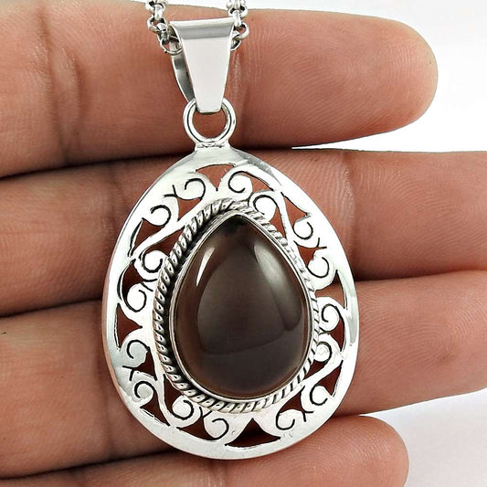 Natural Smoky Quartz Gemstone Pendant Tribal 925 Sterling Silver Jewelry C48
