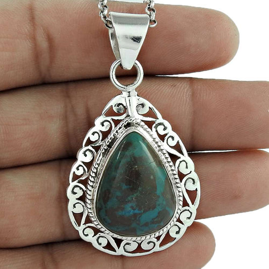 Natural Azurite Gemstone Pendant Green 925 Sterling Silver Indian Jewelry Q3