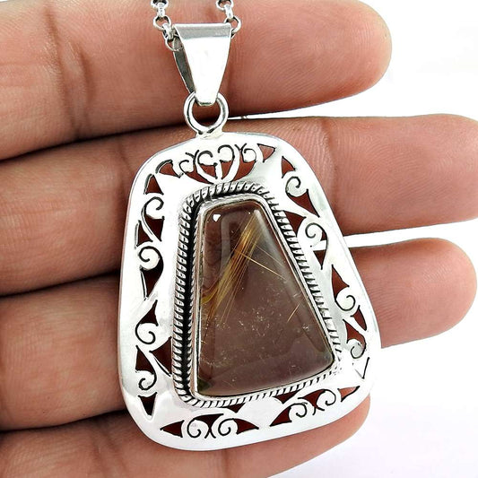 Natural Rutilated Quartz Gemstone 925 Silver Pendant Vintage For Women H18