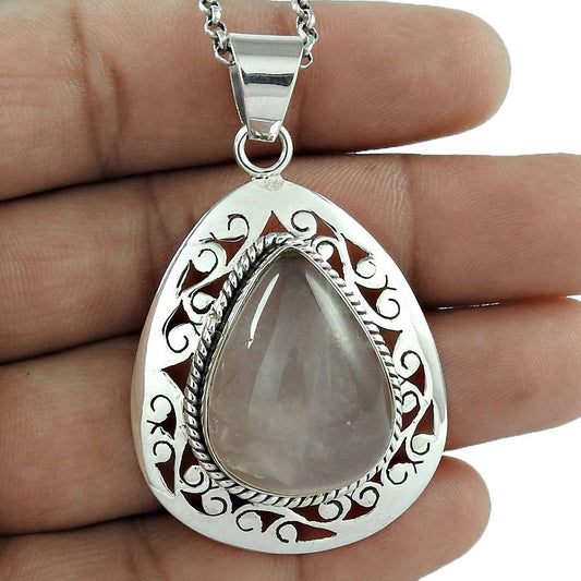 Natural Rose Quartz Gemstone Pendant Bohemian 925 Sterling Silver Jewelry B39