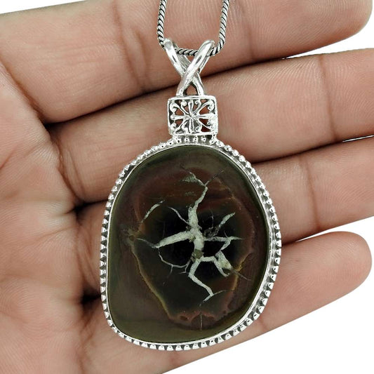 Natural Moroccan Septarian Gemstone Pendant Vintage Chocolate 925 Silver A78