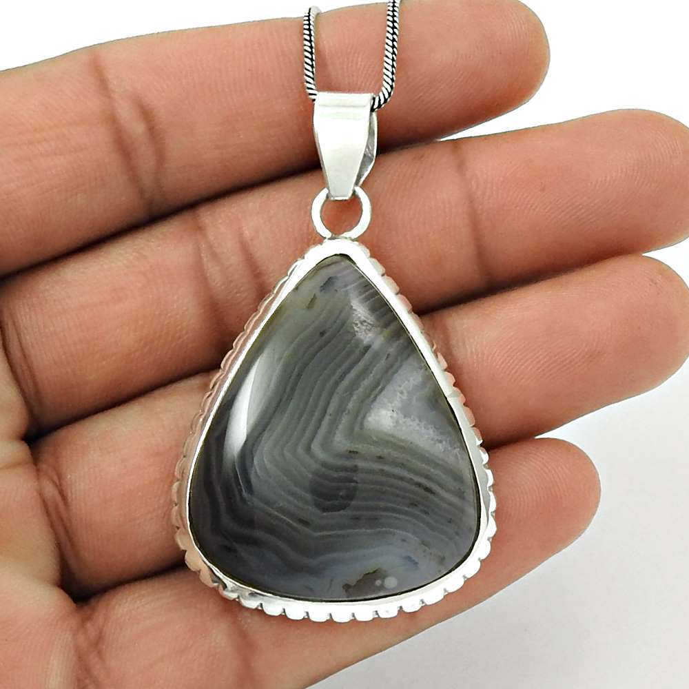 Natural Botswana Agate Gemstone Pendant 925 Sterling Silver For Girls O10