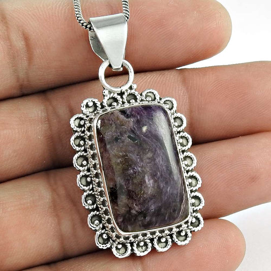 Natural Charoite Gemstone 925 Sterling Silver Pendant Ethnic For Girls B29