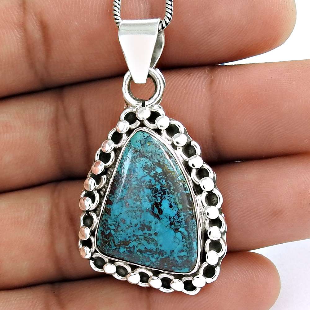 Natural Azurite Gemstone Pendant Boho 925 Sterling Silver Indian Jewelry V11