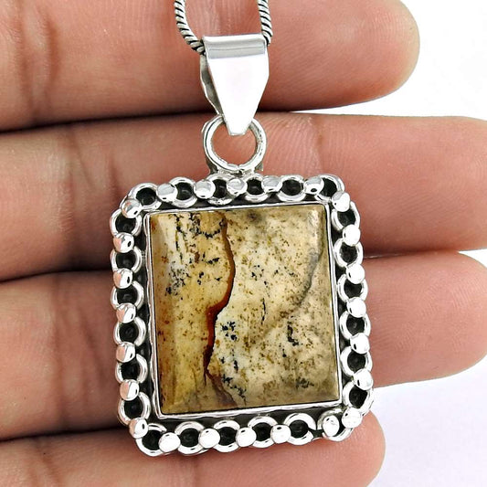 Halloween Gift Natural Picture Jasper Gemstone Pendant 925 Sterling Silver R21
