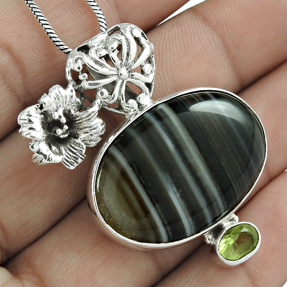 Natural Striped Onyx Gemstone 925 Sterling Silver Christmas Gift Pendant F10